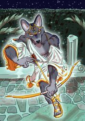  absurd_res archer bow_(weapon) canid canine canis clothing dahbastard deity divine drapery eukayoticprokaryote footwear hi_res hunter jewelry mammal mystical night pillar ranged_weapon ruins sandals shirt topwear tunic weapon wolf 