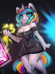  3:4 anthro big_breasts black_background black_clothing blue_eyes breasts clothing digital_media_(artwork) equid equine female general-irrelevant hair hi_res holding_tablet_pen horn looking_at_viewer mammal multicolored_hair mythological_creature mythological_equine mythology simple_background smile solo tablet_pen unicorn 