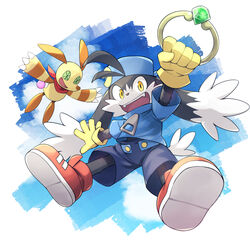  animal_ears blue_headwear dog_boy dog_ears furry furry_male gem gloves highres jewelry kaze_no_klonoa kinoshita_jiroh klonoa monster pac-man pac-man_(game) pointy_ears popka red_footwear ring sky yellow_gloves 