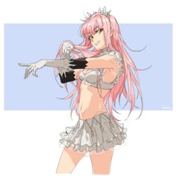  armpits breasts cowboy_shot elbow_gloves fate/grand_order fate_(series) female frilled_skirt frilled_sleeves frills from_side g0ringo gloves groin highres korean_commentary layered_gloves long_hair looking_at_viewer medb_(fate) navel pink_hair pointing pointing_at_viewer skirt smile solo tiara white_gloves white_skirt yellow_eyes 