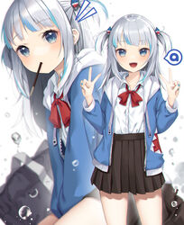  :d absurdres amahara_pekozaemon bag black_skirt blue_eyes blue_hair blue_jacket blue_nails blush collarbone collared_shirt commentary_request double_v dress_shirt female food food_in_mouth gawr_gura grey_hair hair_ornament highres hololive hololive_english hood hood_down hooded_jacket jacket long_hair long_sleeves mouth_hold multicolored_hair multiple_views nail_polish notice_lines open_clothes open_jacket open_mouth pleated_skirt pocky school_bag school_uniform shark_hair_ornament sharp_teeth shirt skirt smile streaked_hair teeth two_side_up v virtual_youtuber white_shirt 