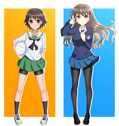  2girls alternate_hairstyle arm_behind_back bad_id bad_twitter_id ball black_footwear black_legwear black_neckwear blouse blue_background blue_skirt blue_sweater blush braid brown_eyes brown_hair closed_mouth commentary dress_shirt emblem girls_und_panzer green_skirt hair_ornament hair_over_shoulder hairclip hand_in_own_hair hand_on_own_chest highres holding holding_ball isobe_noriko loafers long_hair long_sleeves looking_at_viewer miniskirt multiple_girls neckerchief necktie ooarai_school_uniform outside_border pantyhose pleated_skirt rukuriri_(girls_und_panzer) school_uniform serafuku shirt shoes short_hair shorts shorts_under_skirt silhouette single_braid skirt sleeves_rolled_up smile sneakers socks st._gloriana&#039;s_(emblem) st._gloriana&#039;s_school_uniform standing sweater tanutika v-neck volleyball volleyball_(object) white_footwear white_shirt wind wing_collar yellow_background 