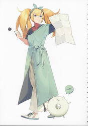  &gt;:( akira_(kadokawa) alternate_costume annoyed blonde_hair blue_eyes blue_shirt cellphone enemy_lifebuoy_(kancolle) female full_body gambier_bay_(kancolle) hair_ribbon hairband highres kantai_collection long_hair long_skirt map official_art phone photoshop_(medium) pointer ribbon scan scan_artifacts shirt skirt smartphone squiggle sweatdrop twintails v-shaped_eyebrows white_background 