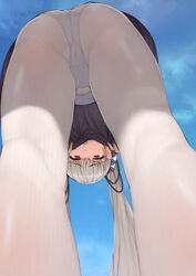  ass ass_focus azur_lane bad_id bad_pixiv_id black_dress blue_sky breasts clothes_lift cloud cloudy_sky crotch_seam day dress dress_lift female formidable_(azur_lane) from_behind from_below grey_hair hair_ribbon highres large_breasts leaning_forward long_hair looking_at_viewer looking_back outdoors panties panties_under_pantyhose pantyhose ribbon sikijou77o sky solo twintails two-tone_dress two-tone_ribbon underwear very_long_hair white_panties white_pantyhose 