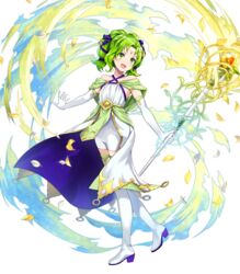  aged_down amagai_tarou bare_shoulders blush boots collarbone criss-cross_halter dress elbow_gloves female fire_emblem fire_emblem:_the_sacred_stones fire_emblem_heroes full_body gloves green_eyes green_hair hair_ornament halterneck highres holding jewelry l&#039;arachel_(fire_emblem) l&#039;arachel_(seeker_of_justice)_(fire_emblem) long_hair looking_away non-web_source official_art open_mouth petals sleeveless smile solo staff thigh_boots thighhighs tied_hair transparent_background white_footwear white_gloves 