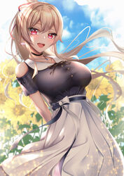  :d absurdres arms_behind_back black_shirt blonde_hair blouse blue_sky breasts choker cloud collarbone commentary_request day earrings female flower furen_e_lustario furen_e_lustario_(2nd_costume) hair_ribbon highres jewelry large_breasts long_hair long_skirt necklace nijisanji open_mouth outdoors photoshop_(medium) rai_(newtype_xm-x1) red_eyes ribbon shirt short_sleeves skirt sky smile solo sunflower upper_body virtual_youtuber white_skirt 