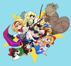  2boys 5girls alice_margatroid black_sleeves black_vest blonde_hair blue_background blue_dress blue_one-piece_swimsuit blue_skirt blush bois_de_justice bow braid broom brown_hair brown_horns candy capelet chocolate closed_mouth commentary cookie_(touhou) cup detached_sleeves dies_irae dress enema fish food frilled_hair_tubes frills full_body gram_9 grin hair_tubes hairband hairbow hakurei_reimu heart heart-shaped_chocolate highres hinase_(cookie) holding holding_broom holding_rock holding_sword holding_weapon horns ibuki_suika katana kirisame_marisa kissing long_hair looking_at_viewer manatsu_no_yo_no_inmu mini_person minigirl multiple_boys multiple_girls one-piece_swimsuit open_mouth orange_hair pink_bow puffy_short_sleeves puffy_sleeves red_bow red_eyes red_footwear red_scarf reu_(cookie) rock sakenomi_(cookie) scarf school_swimsuit shinza_bansho_series shirt shoes short_hair short_sleeves side_braid simple_background single_braid skirt smile star_(symbol) swimsuit sword toono_(coat) touhou uzuki_(cookie) vest weapon white_capelet white_shirt yajuu_senpai yamin_(cookie) yaoi yellow_eyes yunomi 