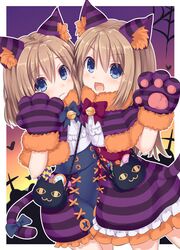  2girls :3 animal_ears animal_hands bag bell black_cat blue_eyes blush bow bowtie brown_hair candy cat_ears cat_paws feline food frilled_skirt frills gloves halloween halloween_costume handbag highres jingle_bell kazuneko_(wktk1024) long_hair multiple_girls neptune_(series) oerba_yun_fang paw_gloves purple_skirt ram_(neptunia) rom_(neptunia) short_hair siblings sisters skirt smile striped tail twins 