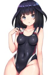  agatsuma_kaede alice_gear_aegis arm_at_side armpit_crease black_hair black_one-piece_swimsuit blue_eyes blunt_bangs blush breasts collarbone commentary_request competition_swimsuit covered_navel cowboy_shot female highleg highleg_swimsuit highres impossible_clothes impossible_swimsuit long_hair looking_at_viewer medium_breasts nene_(atsushi_hamano) one-piece_swimsuit open_mouth simple_background sitting solo swimsuit white_background 