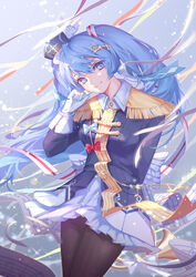  band_uniform beamed_eighth_notes black_pantyhose blue_bow blue_eyes blue_hair blue_jacket bow bowtie chinese_commentary commentary confetti cowboy_shot eighth_note epaulettes female frilled_skirt frills hair_ornament hairclip hat hat_feather hatsune_miku headset highres horn_(instrument) jacket long_hair looking_at_viewer musical_note musical_note_print pantyhose qie quarter_note red_bow sheet_music skirt smile sparkle staff_(music) tassel twintails very_long_hair vocaloid white_skirt yuki_miku yuki_miku_(2020) 