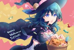  artist_name basket blue_eyes blue_hair breasts byleth_(female)_(fire_emblem) byleth_(fire_emblem) candy cape cleavage commentary_request female fire_emblem fire_emblem:_three_houses food halloween halloween_costume happy_halloween hat holding holding_basket kazura_enji medium_hair solo upper_body witch_hat 