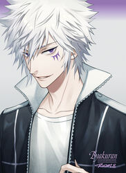  1boy byakuran character_name collar collarbone commentary_request facial_mark grey_background high_collar katekyo_hitman_reborn! looking_at_viewer male_focus multicolored_background open_clothes open_mouth partial_commentary purple_background purple_eyes ru_(famia) shirt simple_background smile solo spiked_hair t-shirt uniform upper_body white_hair white_shirt 