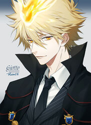  1boy black_coat black_jacket black_necktie blonde_hair character_name closed_mouth coat collared_coat collared_jacket collared_shirt commentary_request fire formal giotto_(reborn) grey_background high_collar jacket jewelry katekyo_hitman_reborn! looking_at_viewer male_focus necktie partial_commentary ru_(famia) shirt simple_background solo striped_clothes striped_jacket suit upper_body white_shirt yellow_eyes 