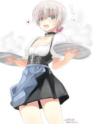  :d alternate_costume apron artist_name blue_apron blue_eyes commentary_request cowboy_shot dated dirndl female flat_chest german_clothes grey_hair heart highres holding holding_tray kantai_collection open_mouth short_hair signature simple_background smile solo spoken_heart standing takase_muh tray waitress white_background z1_leberecht_maass_(kancolle) z1_leberecht_maass_(oktoberfest_mode)_(kancolle) 