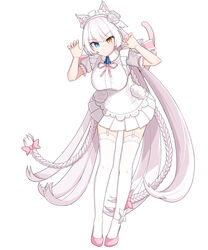  absurdres animal_ears blue_eyes bow braid breasts cat_ears cat_tail dated_commentary female full_body garter_straps hairbow heterochromia highres last_origin long_hair maid maid_headdress nabiyan neck_ribbon paw_pose perrault_(last_origin) pink_bow pink_footwear pink_ribbon pleated_skirt ribbon simple_background skirt solo tail thighhighs very_long_hair white_background white_hair white_thighhighs yellow_eyes 