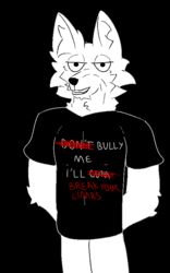  5:8 anthro black_and_white_and_grey black_background canid clothing don&#039;t_bully_me_i&#039;ll_cum hand_behind_back looking_at_viewer male mammal meme monochrome shirt simple_background smile smiling_at_viewer smug_face solo standing t-shirt text text_on_clothing text_on_shirt text_on_topwear topwear unknown_species winterfrost_(character) winterfrostwastaken 