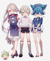  4boys abandon_ranka absurdres ahoge belt blue_eyes blue_hair clenched_hands closed_eyes commentary_request eyes_visible_through_hair geta green_eyes green_hair grey_legwear hair_bun hair_over_one_eye heart highres hotarumaru ima-no-tsurugi japanese_clothes kneehighs legwear_garter long_hair male_focus mouri_toushirou multiple_boys ponytail red_eyes sandals sayo_samonji shorts single_hair_bun smile socks tengu-geta touken_ranbu very_long_hair white_hair 