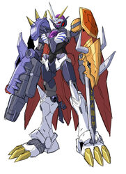  absurdres alus_core_gundam arm_blade arm_cannon clenched_hands crossover digimon digimon_(creature) fusion glowing glowing_eyes gundam gundam_build_divers gundam_build_divers_re:rise highres mecha no_humans omegamon one-eyed red_eyes robot science_fiction solo standing sukekiyo56 v-fin weapon white_background 