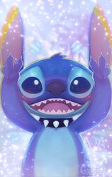  2021 4_fingers alien blue_body blue_claws blue_eyes blue_fur blue_nose blush claws collar digital_media_(artwork) disney experiment_(lilo_and_stitch) fingers front_view fur gamibri gesture half-length_portrait hand_gesture head_tuft hi_res lilo_and_stitch looking_at_viewer notched_ear open_mouth open_smile portrait sharp_teeth smile solo spiked_collar spikes stitch_(lilo_and_stitch) teeth tuft v_sign watermark 