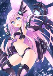  black_legwear blue_eyes blush breasts crop_top elbow_gloves female gloves highres holding holding_weapon kazuneko_(wktk1024) long_hair medium_breasts navel nepgear neptune_(series) open_hand open_mouth power_symbol power_symbol-shaped_pupils purple_hair purple_sister symbol-shaped_pupils thighhighs very_long_hair weapon wings 