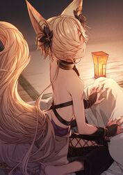  1boy animal_ears backless_outfit choker clothing_cutout commentary erune feb_itk fingerless_gloves fox_boy fox_ears fox_tail futon gloves granblue_fantasy hair_ornament hair_over_one_eye highres kou_(granblue_fantasy) large_tail looking_at_viewer male_focus off_shoulder protected_link side-tie_legwear sideless_outfit tail thigh_cutout 