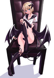  black_bow black_gloves black_panties black_socks black_wings blonde_hair blue_eyes blunt_bangs bow breasts chair chinese_commentary cleavage closed_mouth commentary_request crop_top demon_girl demon_horns demon_tail demon_wings female fingerless_gloves full_body gloves hairbow highres horns kneehighs looking_at_viewer medium_breasts no_shoes original panties sailor_collar shirt short_hair short_sleeves sitting socks solo tail underwear white_background white_shirt wings yeklsa 