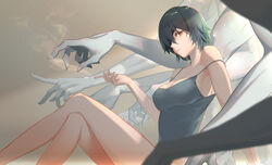  bare_legs bare_shoulders black_hair breasts camisole chainsaw_man chinese_commentary cigarette cleavage commentary_request eyepatch feet_out_of_frame female ghost_devil_(chainsaw_man) grey_eyes highres himeno_(chainsaw_man) holding holding_cigarette looking_at_viewer medium_breasts short_hair sitting smoke smoking strap_slip tenshin_kagehisa thighs 