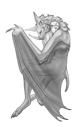  2021 anthro arm_tuft bat bat_ears bat_nose closed_eyes cuddling duo elbow_tuft elena_(validheretic) fangs female hi_res hug human larger_anthro larger_female leaf-nosed_bat male male/female mammal membrane_(anatomy) membranous_wings microbat monochrome neck_tuft nude size_difference smaller_human smaller_male teeth tertia_decima translucent translucent_wings tuft vampire_bat winged_arms wings yangochiropteran 