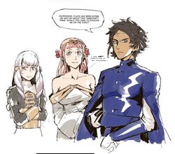  1boy 2girls claude_von_riegan commentary cosplay dark-skinned_male dark_skin english_commentary fire_emblem fire_emblem:_three_houses flayn_(fire_emblem) flayn_(fire_emblem)_(cosplay) garreg_mach_monastery_uniform green_eyes highres hilda_valentine_goneril jewelry looking_at_viewer lysithea_von_ordelia multiple_girls pink_eyes rhea_(fire_emblem) rhea_(fire_emblem)_(cosplay) seteth_(fire_emblem) seteth_(fire_emblem)_(cosplay) yourfreakyneighbourh 