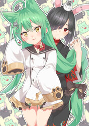  2girls :3 absurdly_long_hair absurdres akashi_(azur_lane) animal_ears animalization azur_lane bad_id bad_pixiv_id black_hair black_kimono blush braid bright_pupils carrying choker closed_mouth commentary_request diagonal_bangs empty_eyes feline green_hair hair_over_one_eye hair_ribbon headgear highres japanese_clothes jitome kimono long_hair long_sleeves looking_at_viewer mashiro_kta mechanical_ears meowfficer_(azur_lane) mole mole_under_eye multiple_girls outline rabbit_ears red_eyes ribbon shiranui_(azur_lane) short_hair sidelocks single_braid sleeves_past_fingers sleeves_past_wrists smile tsurime very_long_hair white_outline wide_sleeves yellow_eyes 