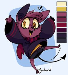  absurd_res ambiguous_gender anthro barefoot bat bat_ears biped bottomwear buster_(sinamuna) clothing fangs feet fynntasmal happy hi_res mammal maroon_fur oversized_clothing oversized_sweater oversized_topwear raised_arm scarf shorts solo spade_tail sweater tail teeth topwear wings yellow_eyes 