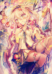  ahoge apple beret blonde_hair boots camomi camomi_camomi canvas_(object) cape cherry chocolate closed_mouth collarbone collared_shirt commentary_request crown cupcake female floral_print flower food fruit globe hair_flower hair_ornament hat highres leaf long_hair nanashi_inc. original painting_(object) pen self-portrait shirt sitting skirt solo twintails v_ap_art virtual_youtuber yellow_eyes yellow_skirt 