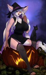  2019 ambiguous_gender anthro big_breasts black_body black_fur breasts canid canine clothed clothing detailed_background digital_media_(artwork) domestic_cat duo felid feline felis female fennec_fox firetally food fox fruit fur garter_straps hair halloween hat headgear headwear hi_res holidays huge_breasts jack-o&#039;-lantern long_hair loyse mammal night outside pink_body pink_fur plant pumpkin sitting_on_pumpkin true_fox white_hair witch_hat yellow_eyes 