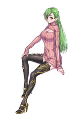  black_thighhighs blush breasts chinese_commentary cleavage cleavage_cutout closed_mouth clothing_cutout commentary dress eyes_visible_through_hair female full_body gold green_hair hair_between_eyes high_heels highres invisible_chair large_breasts long_hair long_sleeves looking_at_viewer original pink_sweater pointy_ears simple_background sitting smile solo sweater sweater_dress thighhighs white_background yeklsa yellow_eyes yellow_footwear 