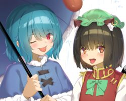  2girls ;p animal_ear_fluff animal_ear_piercing animal_ears bad_id bad_pixiv_id blue_capelet blue_hair blush bow bowtie brown_hair capelet cat_ears cat_tail chen commentary fur-trimmed_capelet fur_trim green_headwear hair_between_eyes hat holding holding_umbrella jewelry karakasa_obake long_sleeves looking_at_viewer mob_cap multiple_girls multiple_tails one_eye_closed open_mouth piyodesu red_eyes red_vest shirt short_hair side-by-side tail tatara_kogasa tongue tongue_out touhou umbrella vest white_shirt 