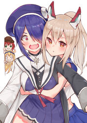  4girls :q ahoge aogiri_koukou ayanami_(azur_lane) azur_lane bad_id bad_pixiv_id black_hair black_skirt blonde_hair blue_skirt blush commentary_request crossover crying crying_with_eyes_open green_eyes grin hair_over_one_eye hairband hat headgear highres hug hug_from_behind ishikari_akari long_hair looking_at_viewer mashiro_kta midriff minazuki_natsuki multiple_girls orange_eyes otodama_tamako parted_lips peeking_out pleated_skirt ponytail red_hair school_hat school_uniform serafuku short_hair sidelocks simple_background skirt smile streaming_tears tears tongue tongue_out v-shaped_eyebrows virtual_youtuber 