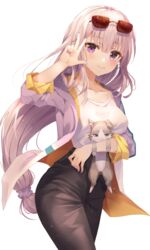  absurdres bad_id bad_pixiv_id black_pants breasts collarbone commentary cowboy_shot emilia_(re:zero) eyewear_on_head feline female grey_jacket hand_up highres jacket long_hair looking_at_viewer medium_breasts nail_polish open_clothes open_jacket pants puck_(re:zero) purple_eyes purple_nails re:zero_kara_hajimeru_isekai_seikatsu shaffelli shirt shirt_tucked_in simple_background smile standing sunglasses very_long_hair w white_background white_hair white_shirt 