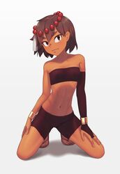  abs ajna_(indivisible) bad_id bad_twitter_id bare_shoulders beads bike_shorts black_shorts black_tube_top bob_cut bracelet breasts bridal_gauntlets brown_eyes brown_hair closed_mouth collarbone contrapposto dark-skinned_female dark_skin expressionless feet female gloves hair_ornament hand_on_own_thigh indivisible jewelry kneeling looking_at_viewer midriff navel putcher ribs sandals short_hair shorts single_glove single_sleeve small_breasts solo strapless tube_top white_background 