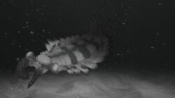  2019 ambiguous_gender anomalocarid anomalocaris arthropod black_markings claws detailed_background feral fin great_appendages greyscale hi_res kingrexy looking_at_viewer marine markings monochrome night sand solo swimming underwater water white_body white_eyes 