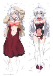  absurdres ahoge blush bodysuit bra breasts cleavage closed_mouth covered_navel dakimakura_(medium) elbow_gloves female fujikawa_daichi gloves highres large_breasts long_hair multiple_views navel non-web_source open_mouth panties pink_bra pink_panties purple_eyes senki_zesshou_symphogear senki_zesshou_symphogear_xd_unlimited thighhighs underwear white_hair white_thighhighs yukine_chris yukine_chris_(another) 