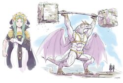  1boy 2girls alternate_muscle_size artist_name commentary dragon dragon_horns dragon_wings dress exercising fire_emblem fire_emblem:_three_houses flayn_(fire_emblem) green_eyes green_hair headdress highres horns long_hair looking_at_viewer multiple_girls muscular muscular_female rhea_(fire_emblem) ring_fit_adventure seteth_(fire_emblem) short_hair sleeve_rolled_up spoilers sports_bra stup-jam the_immaculate_one weightlifting weights white_dress wings 