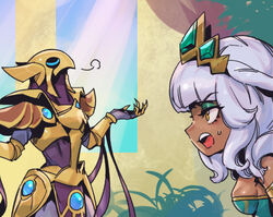  1boy armor azir blunt_bangs claws d: dark-skinned_female dark_skin dress female from_side gem gold_armor grass green_dress green_eyes grey_hair hair_ornament hands_up league_of_legends long_hair multicolored_background orange_eyes phantom_ix_row profile qiyana_(league_of_legends) shiny_skin shoulder_plates sweatdrop teeth upper_teeth_only 