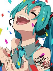  2019 aqua_hair aqua_necktie bad_id bad_twitter_id bare_shoulders black_sleeves closed_eyes commentary confetti detached_sleeves facing_up female grey_shirt hair_ornament hands_up happy happy_birthday hatsune_miku headphones headset long_hair necktie open_mouth satou_asuka shirt shoulder_tattoo sleeveless sleeveless_shirt smile solo tattoo twintails upper_body very_long_hair vocaloid 