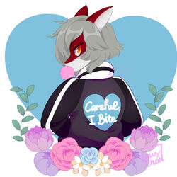  1:1 anthro blowing_bubble_gum bubble bubble_gum candy canid canine canis clothing dessert english_text fish flower food gum heart_clothing heart_hoodie heart_print heart_symbol heart_topwear hoodie hybrid inflating lawychan looking_at_viewer looking_back looking_back_at_viewer mammal marine plant print_clothing print_hoodie print_topwear requiem_shark shark shizuko_izumi solo text text_in_heart text_on_clothing text_on_hoodie text_on_topwear text_print tiger_shark topwear trans_(lore) trans_woman_(lore) wolf 