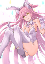  adapted_costume animal_ears bow bowtie breasts commentary_request detached_collar female gloves hair_ribbon highres kaname_madoka leotard long_hair looking_at_viewer mahou_shoujo_madoka_magica mahou_shoujo_madoka_magica_(anime) nanakamado pink_hair playboy_bunny rabbit_ears ribbon shoe_soles small_breasts smile solo strapless strapless_leotard thighhighs two_side_up ultimate_madoka white_bow white_bowtie white_gloves white_leotard white_thighhighs yellow_eyes 