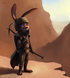  2021 anthro blue_eyes brown_body brown_fur cloak clothed clothing day detailed_background dune_(2021_film) dune_(series) fremen fully_clothed fur hi_res holding_object lagomorph leporid light lighting long_ears mammal outside rabbit s1m shaded solo standing stillsuit weapon 