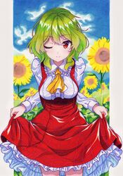  ;) ascot blue_sky blush breasts clothes_lift cloud commentary_request cowboy_shot day female flower frilled_shirt_collar frilled_skirt frills garden_of_the_sun green_hair highres kazami_yuuka kittona lifting_own_clothes long_skirt long_sleeves looking_at_viewer medium_breasts one_eye_closed open_clothes open_vest outdoors plaid plaid_skirt plaid_vest red_eyes red_skirt red_vest shirt short_hair skirt skirt_hold skirt_set sky smile solo sunflower touhou traditional_media vest watercolor_pencil_(medium) wavy_hair white_shirt yellow_ascot 