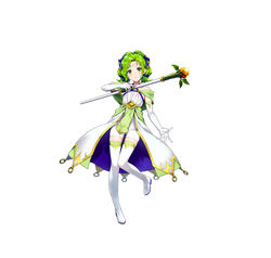  absurdres aged_down amagai_tarou bare_shoulders blush boots closed_mouth commentary_request criss-cross_halter dress elbow_gloves female fire_emblem fire_emblem:_the_sacred_stones fire_emblem_heroes full_body gloves green_eyes green_hair hair_ornament halterneck highres holding jewelry l&#039;arachel_(fire_emblem) l&#039;arachel_(seeker_of_justice)_(fire_emblem) leg_up long_hair looking_at_viewer official_art sleeveless smile solo staff standing thigh_boots thighhighs tied_hair white_background white_footwear white_gloves 