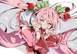  absurdly_long_hair bad_id bad_twitter_id bare_shoulders blush cherry_blossoms cherry_hair_ornament commentary detached_sleeves double_v facing_viewer female food-themed_hair_ornament grin hair_ornament hatsune_miku leaf leaning_forward legs_up long_hair necktie open_mouth pink_hair pink_necktie pink_skirt pink_sleeves pink_thighhighs pleated_skirt sakura_miku satou_asuka shirt skirt sleeveless smile solo thighhighs twintails v v-shaped_eyebrows very_long_hair vocaloid white_shirt 