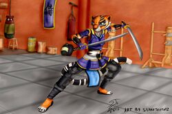  anthro black_scabbard black_tsukamaki clothed clothing dreamworks dual_wielding felid female fur gold_tsuba holding_object holding_weapon japanese_sword kung_fu_panda mammal markings master_tigress melee_weapon orange_body orange_fur pantherine punching_bag scabbard snaketeeth12 solo striped_markings striped_tail stripes sword tail tail_markings tiger weapon 